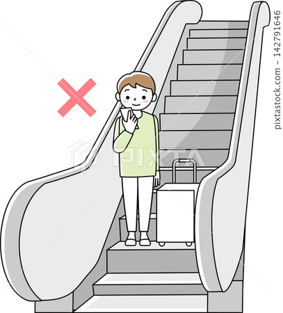 人們在手扶梯上低頭看手機，丟下物品。 142791646