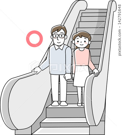 A man and a woman stand still on the escalator. 142791648