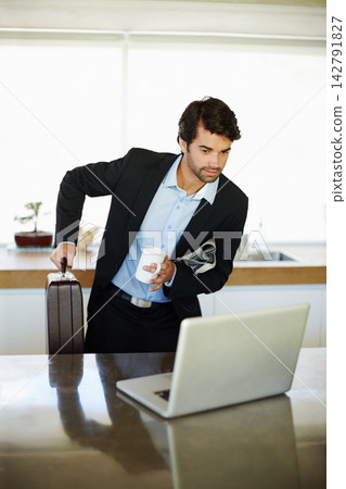 Smile, reading and laptop for man, morning and happy for email from law firm, thinking and home. House, lawyer and person with briefcase, coffee and goal of justice as attorney, and employee Smile, reading and laptop for man, morning and happy for email from law firm, thinking and home. House, lawyer and person with briefcase, coffee and goal of justice as attorney, and employee 142791827