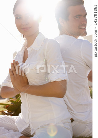 Relax, prayer pose and couple at yoga retreat with smile, peace and meditate with mindfulness at outdoor resort. Zen, man and woman with holistic health, spiritual wellness and namaste with hands Relax, prayer pose and couple at yoga retreat with smile, peace and meditate with mindfulness at outdoor resort. Zen, man and woman with holistic health, spiritual wellness and namaste with hands 142791863