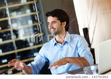 Laptop, lawyer and man with smile in home office in talking, hand gesture and excited for new contract or client. Legal, advisor and professional on technology for online, digital or estate planning Laptop, lawyer and man with smile in home office in talking, hand gesture and excited for new contract or client. Legal, advisor and professional on technology for online, digital or estate planning 142791883