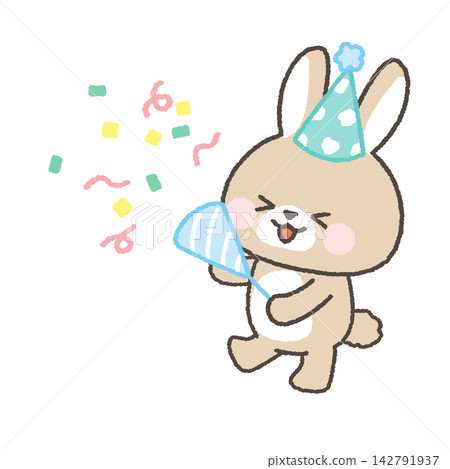 A brown rabbit wearing a party hat that pops crackers A brown rabbit wearing a party hat that pops crackers 142791937
