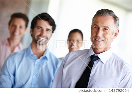 Corporate, businessman and portrait with team in office for leadership, training and collaboration. Happy, employees and manager with smile at work for management, meeting and guidance in mentorship Corporate, businessman and portrait with team in office for leadership, training and collaboration. Happy, employees and manager with smile at work for management, meeting and guidance in mentorship 142792064