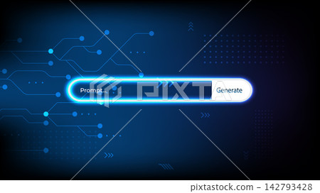 Futuristic AI text prompt input bar with generate button on dark blue digital circuit board bg Futuristic AI text prompt input bar with generate button on dark blue digital circuit board bg 142793428