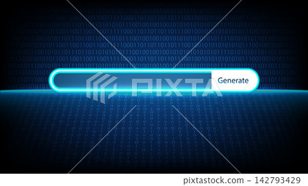 AI text prompt search bar interface with generate button on dark blue digital binary code background AI text prompt search bar interface with generate button on dark blue digital binary code background 142793429