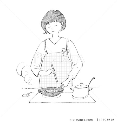 A woman in an apron cooking in a frying pan. 142793646