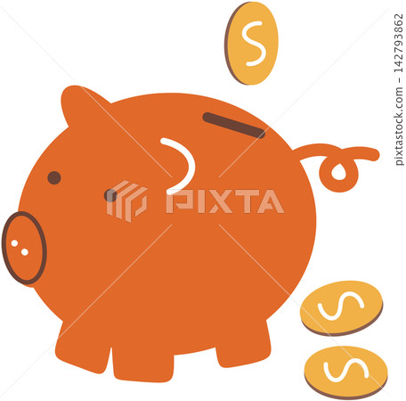 Orange piggy bank with savings coins Orange piggy bank with savings coins 142793862