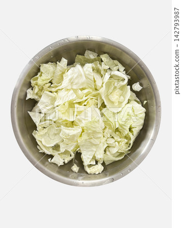 Overhead View of Chopped Fresh Cabbage in Stainless Steel Bowl Isolated on White Overhead View of Chopped Fresh Cabbage in Stainless Steel Bowl Isolated on White 142793987