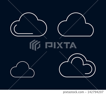 Set of four simple weather cloud icons with outlines on dark background Set of four simple weather cloud icons with outlines on dark background 142794207