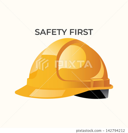 Yellow construction hard hat with safety first text safety helmet construction Yellow construction hard hat with safety first text safety helmet construction 142794212