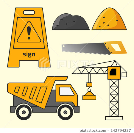Set of construction icons featuring a warning sign crane dump truck and tools Set of construction icons featuring a warning sign crane dump truck and tools 142794227