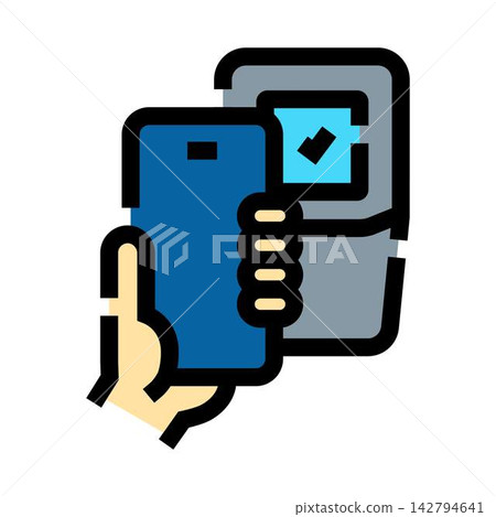 Hand holding smartphone making contactless payment transaction Hand holding smartphone making contactless payment transaction 142794641