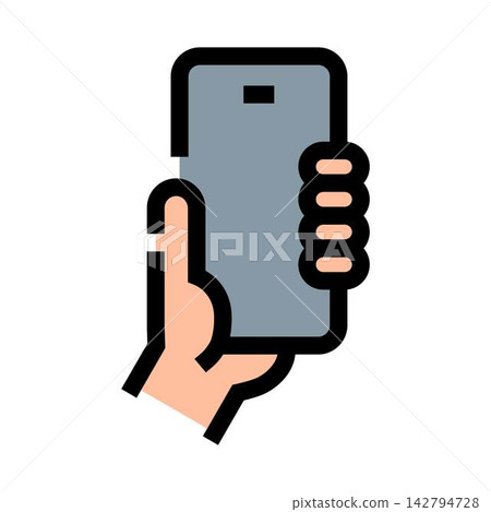 Hand holding smartphone device flat line icon Hand holding smartphone device flat line icon 142794728