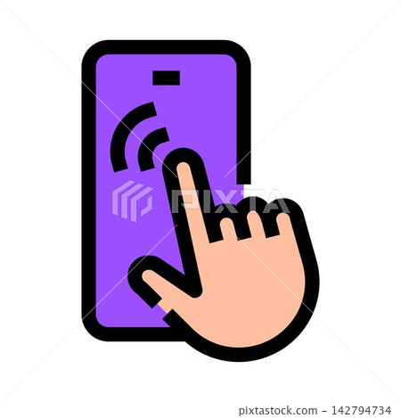 Hand tapping touchscreen smartphone showing wireless connection icon Hand tapping touchscreen smartphone showing wireless connection icon 142794734