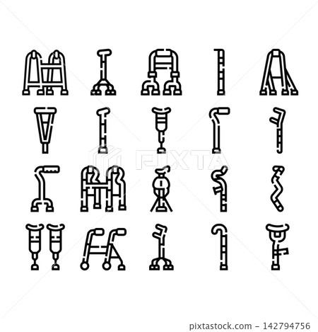 Mobility aids outline icons set for disability support Mobility aids outline icons set for disability support 142794756