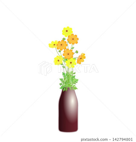 An illustration of yellow cosmos flowers in a vase. An illustration of yellow cosmos flowers in a vase. 142794801