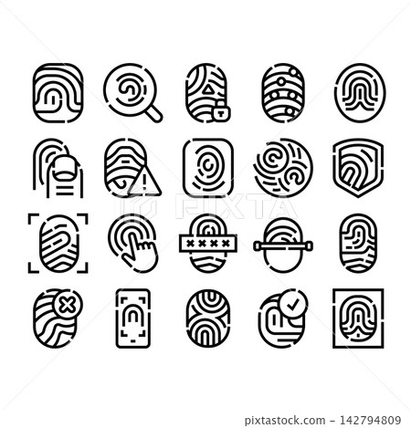 Fingerprint biometrics for security and identification icons Fingerprint biometrics for security and identification icons 142794809