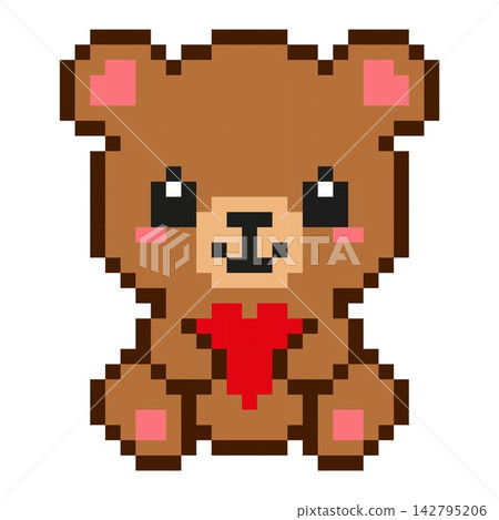 Pixel art bear holding a red heart isolated on white background. Pixel art bear holding a red heart isolated on white background. 142795206