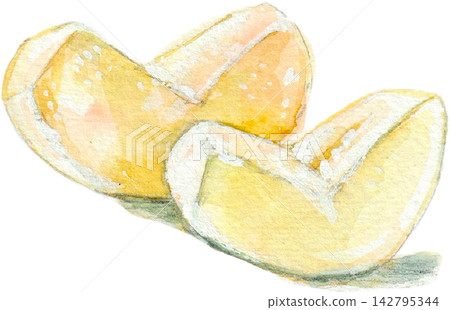 A watercolor painting of a sliced pear A watercolor painting of a sliced pear 142795344