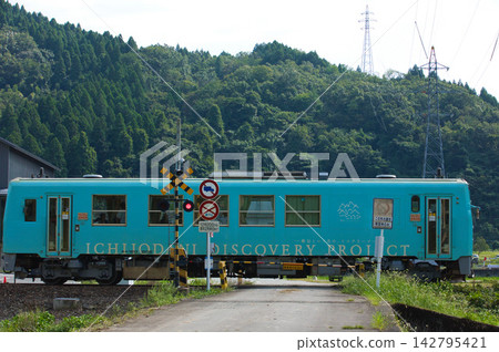 一列地方火車駛過金黃成熟的麥田。 142795421