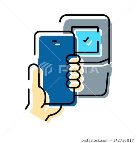 Hand holding smartphone performing contactless mobile payment transaction Hand holding smartphone performing contactless mobile payment transaction 142795817