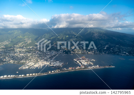 Aerial view of Tahiti, Papeete, and the port, French Polynesia Aerial view of Tahiti, Papeete, and the port, French Polynesia 142795965