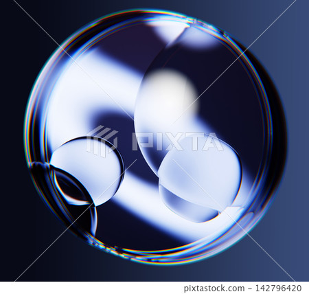 Abstract 3D glass sphere with colorful chromatic dispersion distortion on dark navy render background. Neon blue liquid bubble, water droplet, fluid orb shape, glossy crystal ball. 3D illustration 142796420