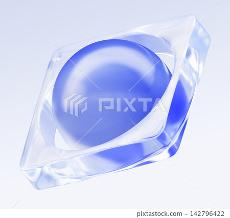 Blue ball 3D sphere inside transparent glass square frame, abstract render geometric shape. Modern futuristic visual element for technology, science, web design and branding. 3D illustration Blue ball 3D sphere inside transparent glass square frame, abstract render geometric shape. Modern futuristic visual element for technology, science, web design and branding. 3D illustration 142796422