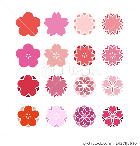 A set of Japanese-style flower icon illustrations featuring modern designs of motifs such as plum blossoms, cherry blossoms, and chrysanthemums. A set of Japanese-style flower icon illustrations featuring modern designs of motifs such as plum blossoms, cherry blossoms, and chrysanthemums. 142796680
