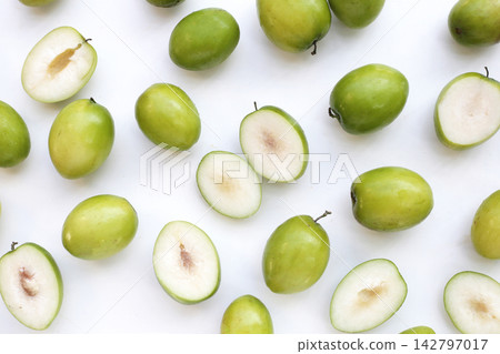 Green jujube fruits on white background. Green jujube fruits on white background. 142797017