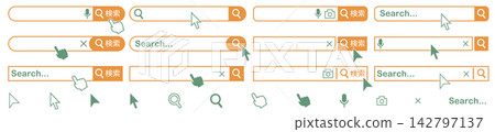 Vector icon set for search box and UI cursor (orange and green): Search bar, search form, magnifying glass. 142797137
