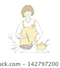 A woman in an apron cooking in a frying pan. 142797200