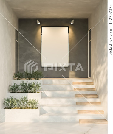 Blank Vertical Poster Mockup on Concrete Wall Above Minimalist Steps with Sunlight Blank Vertical Poster Mockup on Concrete Wall Above Minimalist Steps with Sunlight 142797373
