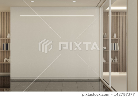 Modern Office Interior with Blank Feature Wall and Shelving Behind Glass Door 142797377