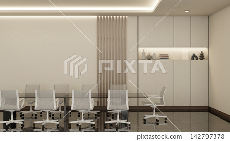 Contemporary Boardroom Interior with Large Glass Table and White Mesh Chairs Contemporary Boardroom Interior with Large Glass Table and White Mesh Chairs 142797378