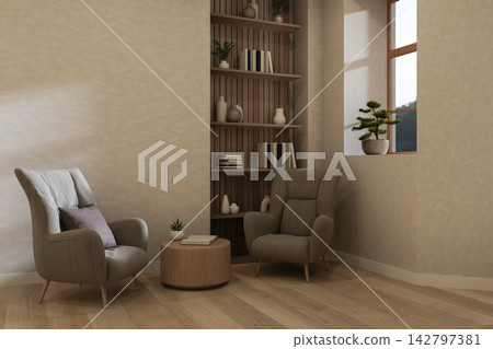 Warm Scandinavian Reading Nook with Two Armchairs and Built-in Bookshelf Warm Scandinavian Reading Nook with Two Armchairs and Built-in Bookshelf 142797381