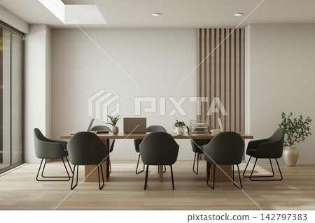 Modern Conference Room Interior with Long Wooden Meeting Table and Grey Chairs 142797383