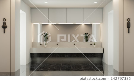 Minimalist Public Restroom Interior with Long Basin Sink and Large Mirror 142797385