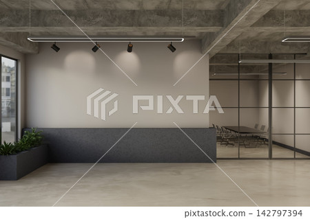 Industrial Loft Office Interior with Blank Concrete Wall and Spotlights Industrial Loft Office Interior with Blank Concrete Wall and Spotlights 142797394