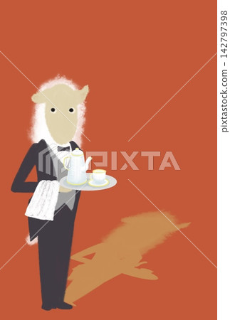 A New Year's card illustration featuring a sheep butler in a butler's costume carrying a tea set. A New Year's card illustration featuring a sheep butler in a butler's costume carrying a tea set. 142797398