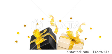 Black and gold gift boxes on white background with copy space for Black Friday sale discounts promotions shopping and holiday advertising 142797613