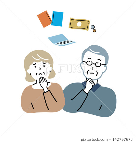 An illustration of a senior couple worried about money. An illustration of a senior couple worried about money. 142797673