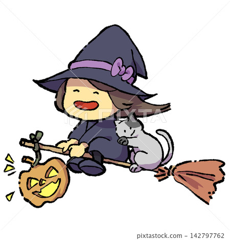 A child dressed as a witch flies through the sky on a broomstick with a cat. A child dressed as a witch flies through the sky on a broomstick with a cat. 142797762