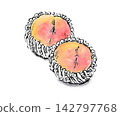 A watercolor painting of a peach in the style of a picture postcard. 142797768