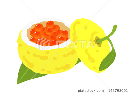 以柚子殼盛裝的鮭魚籽菜餚的插圖。 以柚子殼盛裝的鮭魚籽菜餚的插圖。 142798001