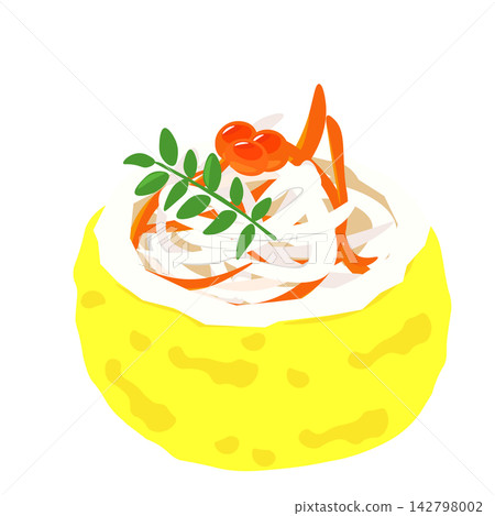 禦節料理(日本新年料理)的插圖,圖中是紅白醃蘿蔔盛在柚子柑橘碗中。 禦節料理(日本新年料理)的插圖,圖中是紅白醃蘿蔔盛在柚子柑橘碗中。 142798002