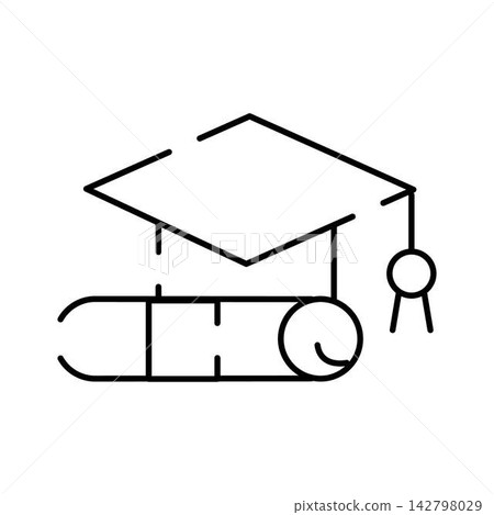Graduation cap and diploma scroll line art Graduation cap and diploma scroll line art 142798029
