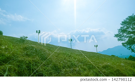 Beautiful panoramic view of lush green rolling hills and tropical mountains under a clear bright sky. Beautiful panoramic view of lush green rolling hills and tropical mountains under a clear bright sky. 142798112