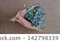 An overhead photograph of a fresh eucalyptus bouquet wrapped in English newspaper, placed on a wooden table. An overhead photograph of a fresh eucalyptus bouquet wrapped in English newspaper, placed on a wooden table. 142798339