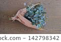 An overhead photograph of a fresh eucalyptus bouquet wrapped in English newspaper, placed on a wooden table. An overhead photograph of a fresh eucalyptus bouquet wrapped in English newspaper, placed on a wooden table. 142798342